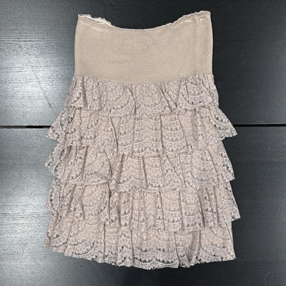Forever 21 Elegant Taupe Strapless Lace Tiered Mini Dress - L - Picture 6 of 12